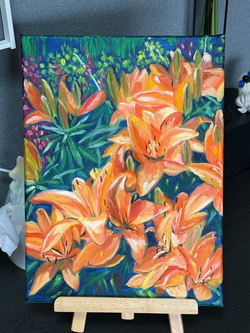 「百合満開」　手描き　油絵　風景画　原画　油彩画　花