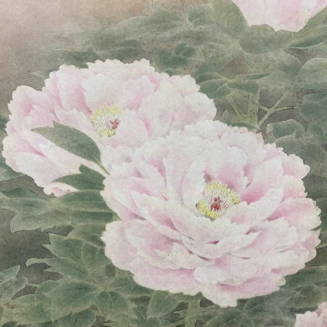 美品 掛け軸 本橋富夫作 牡丹図 共箱 太巻き付 美術年鑑掲載