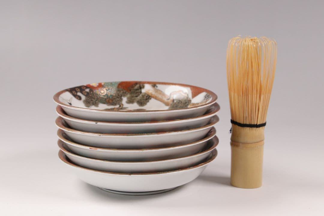 CH85 時代 九谷焼 福栄 金彩色絵 小皿 六客 12.2cm 山水 鶴松