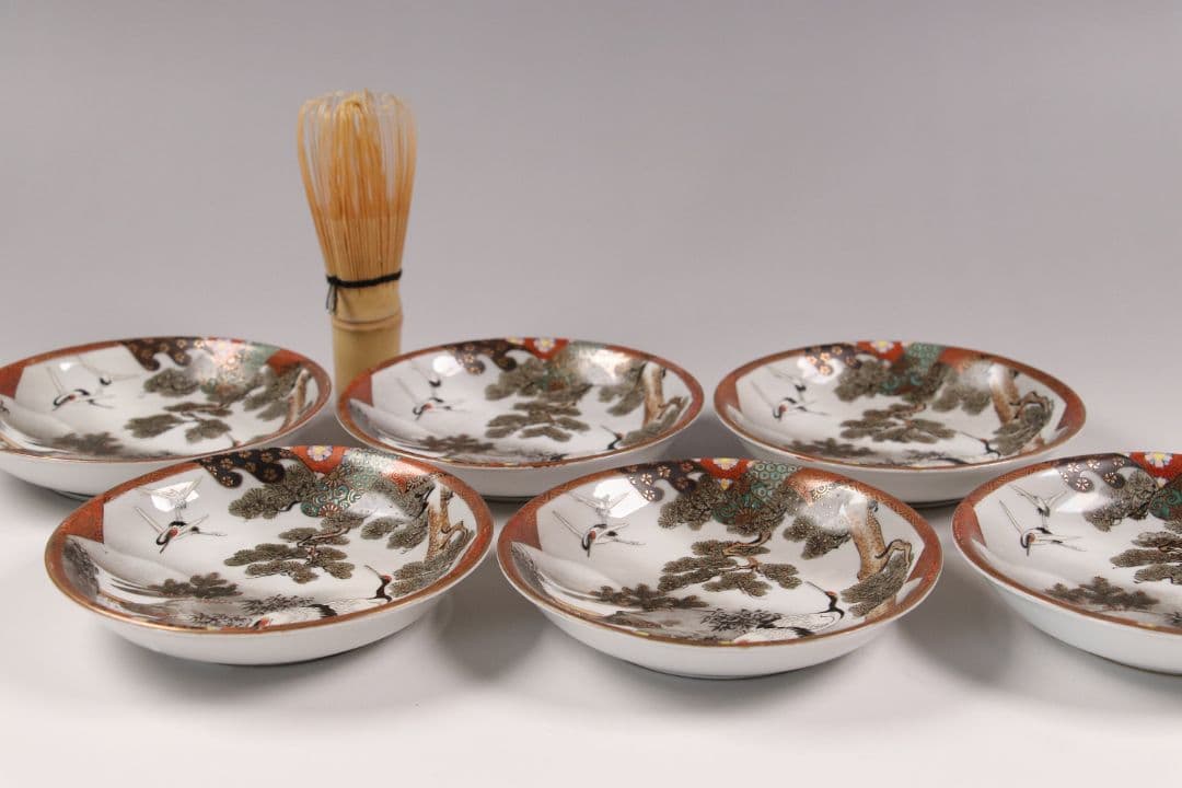 CH85 時代 九谷焼 福栄 金彩色絵 小皿 六客 12.2cm 山水 鶴松