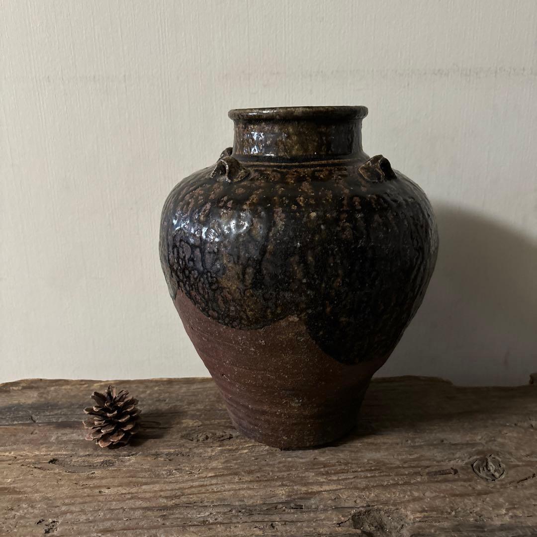 古丹波壷(江戸時代頃) 飴釉葉茶壺　古道具　古備前　古信楽　検:李朝　呂宋壷