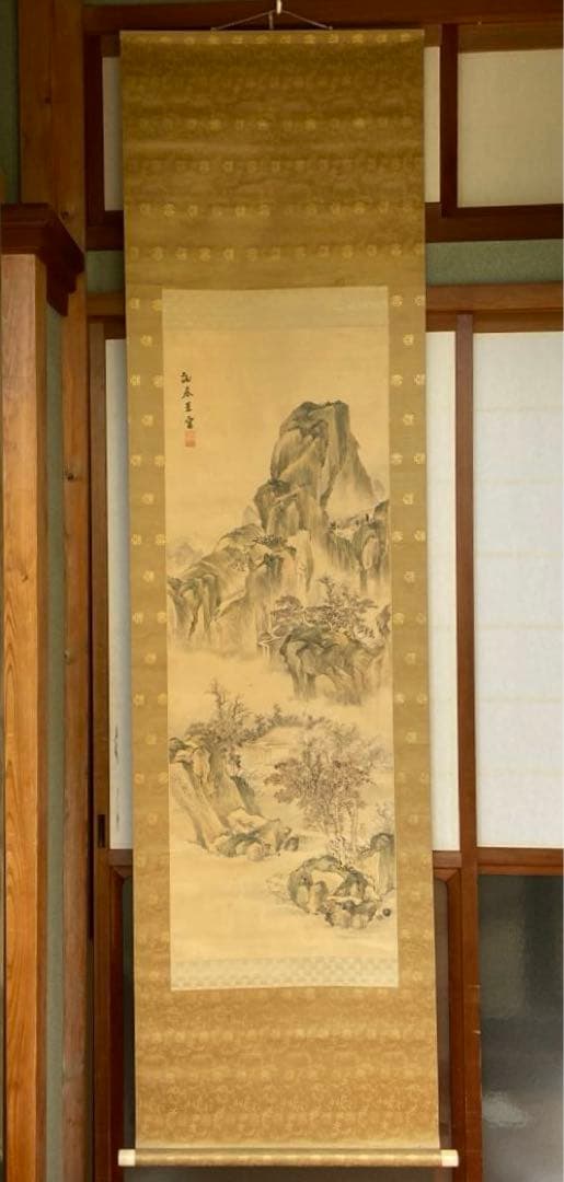 与謝蕪村筆青緑山水の図掛軸 絹本