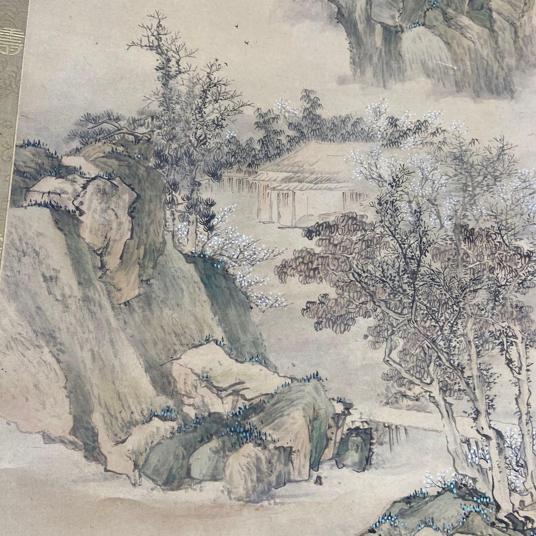 与謝蕪村筆青緑山水の図掛軸 絹本