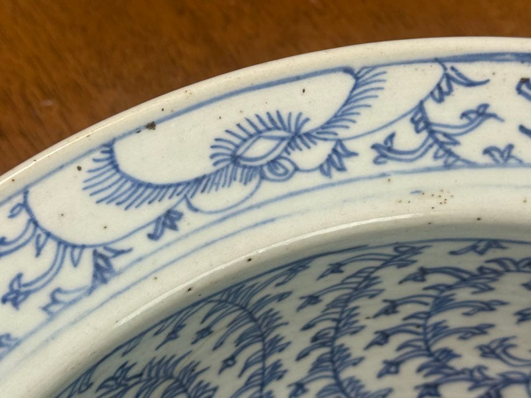 中国　清時代　染付纏枝蓮紋面盆　W36.7cm アンティーク　送料込み1111