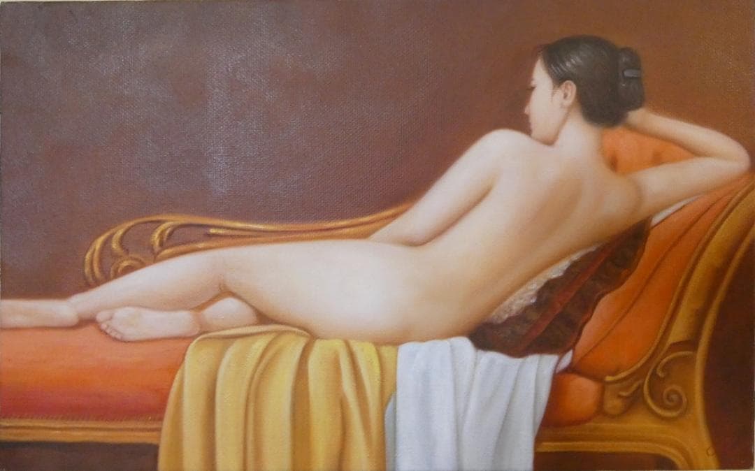 油絵　額付き　森本草介 　M10 【　横卧裸婦　】手描き　肉筆