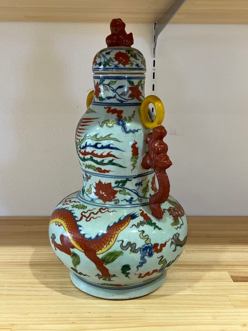希少品【倉庫整理】古美術　明時代五彩龍鳳文瓢箪蓋瓶【大明宣徳年製】在銘 W-9