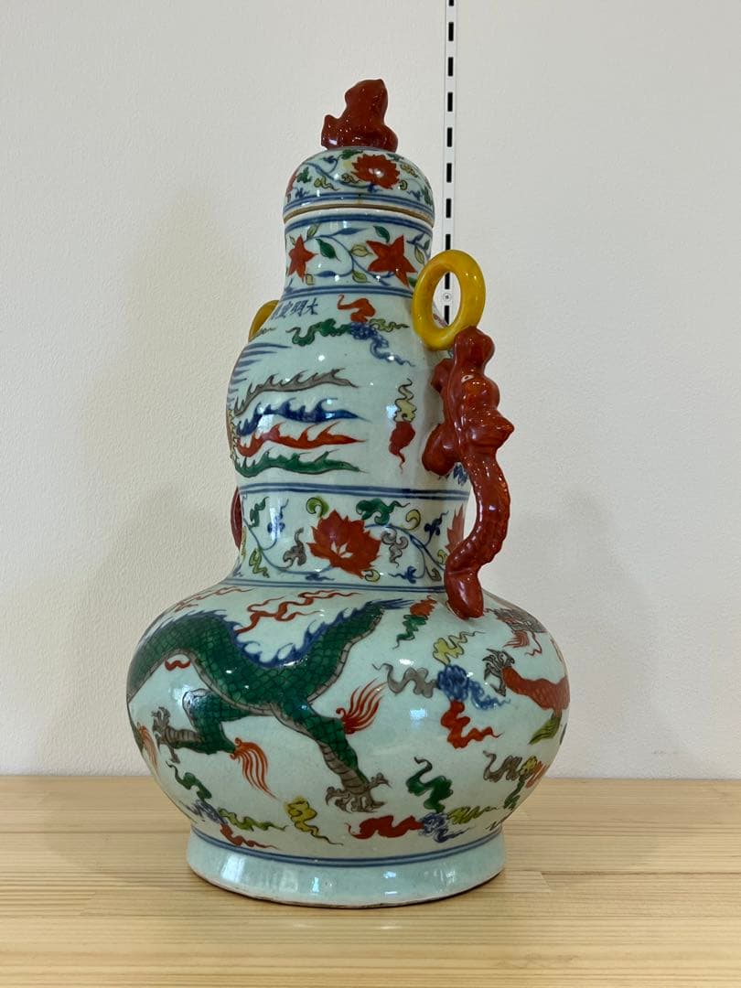希少品【倉庫整理】古美術　明時代五彩龍鳳文瓢箪蓋瓶【大明宣徳年製】在銘 W-9