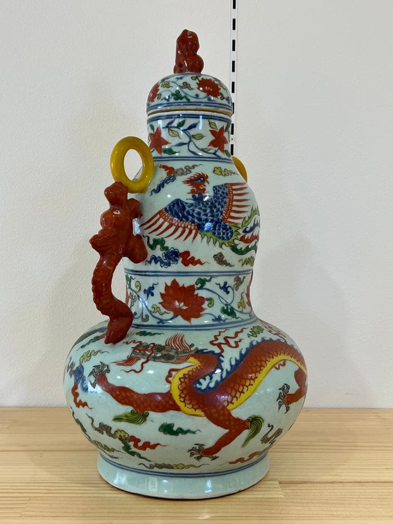 希少品【倉庫整理】古美術　明時代五彩龍鳳文瓢箪蓋瓶【大明宣徳年製】在銘 W-9
