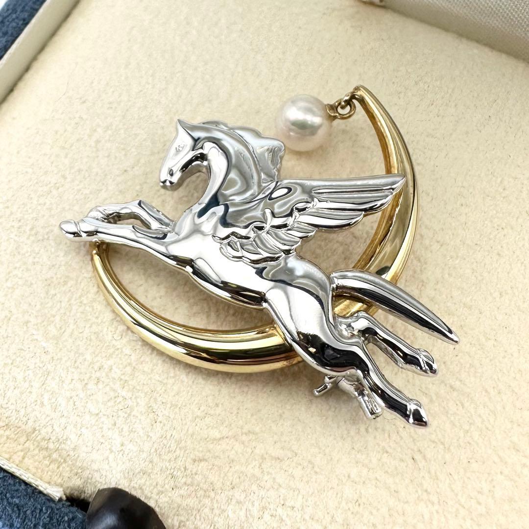 美品ꕥ幸運ꕥミキモト K18×シルバー ペガサス ブローチ アコヤ真珠 ケース付