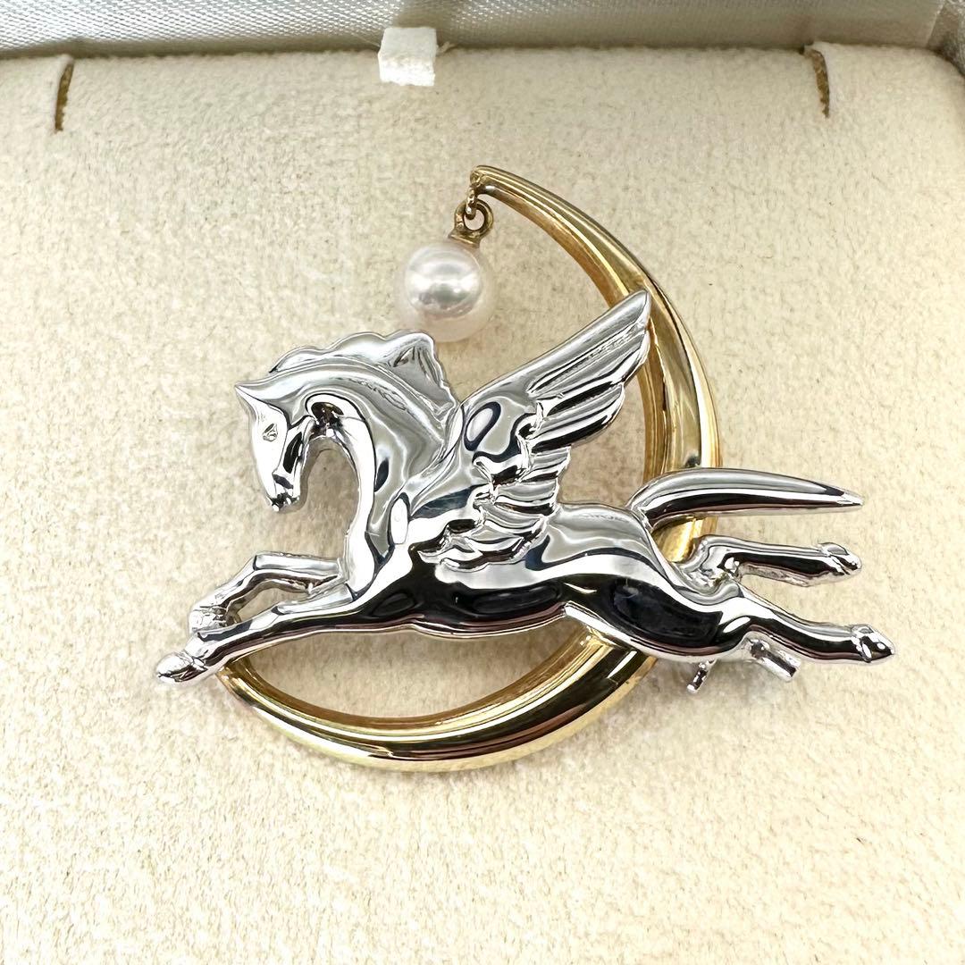 美品ꕥ幸運ꕥミキモト K18×シルバー ペガサス ブローチ アコヤ真珠 ケース付