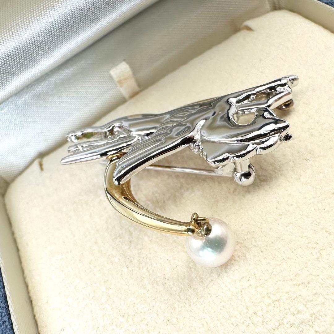 美品ꕥ幸運ꕥミキモト K18×シルバー ペガサス ブローチ アコヤ真珠 ケース付