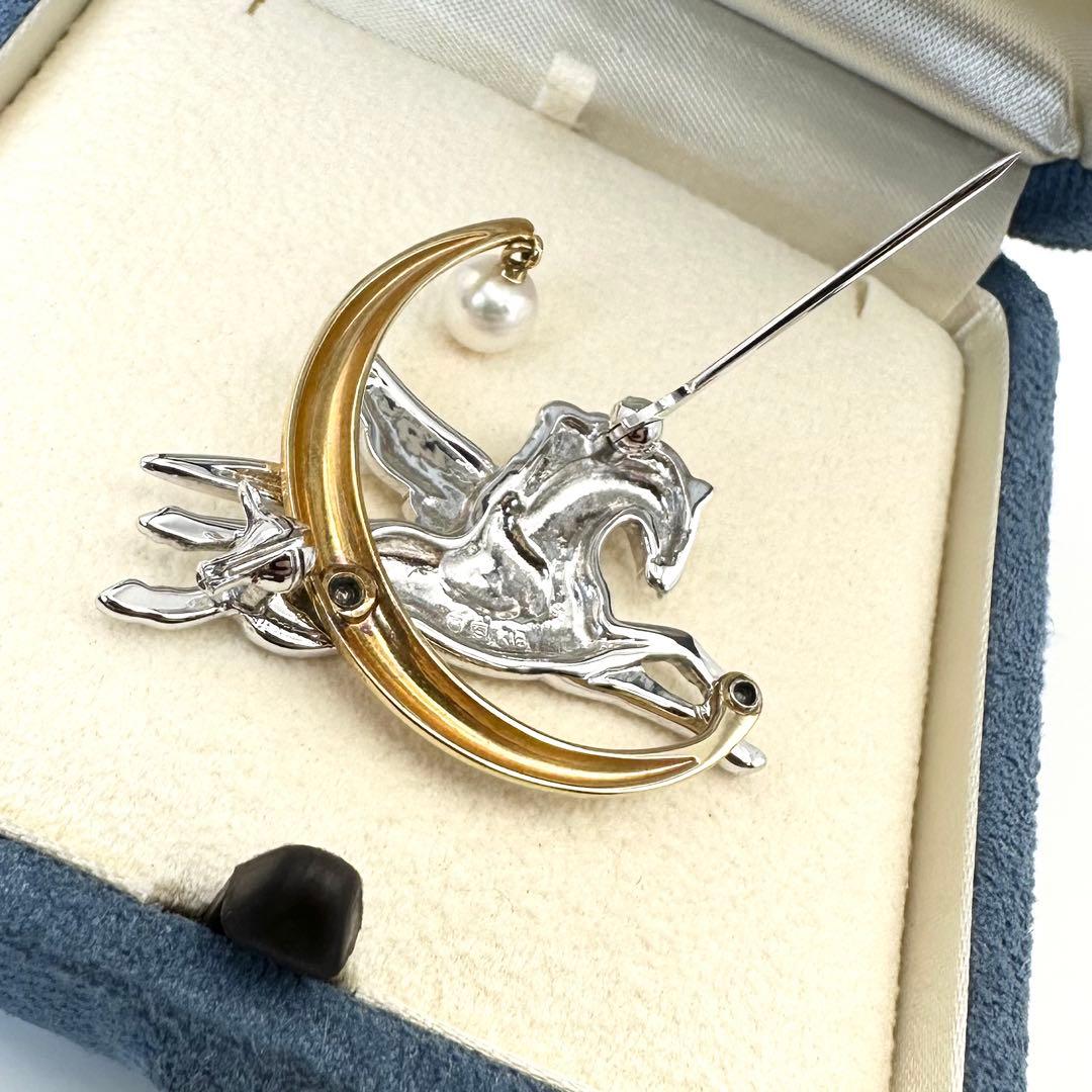 美品ꕥ幸運ꕥミキモト K18×シルバー ペガサス ブローチ アコヤ真珠 ケース付