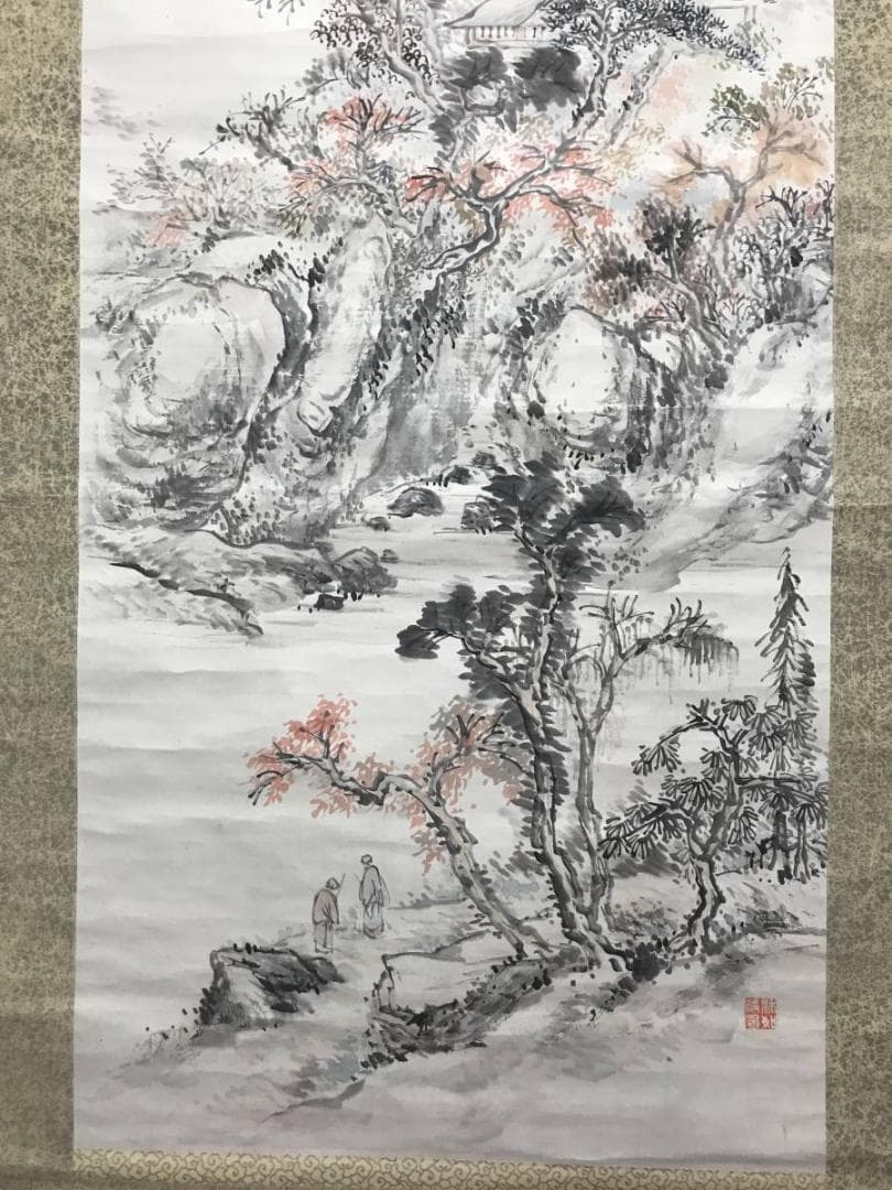 【真作】森半逸/楓林煙寺/山水図/秋景山水図/掛軸/名家伝来/AC-744