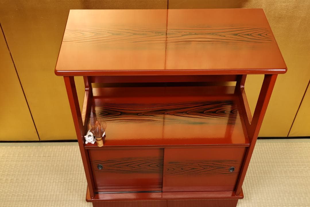 ユリ　時代漆器　松岡漆工　根来塗　朱塗　飾棚　茶棚　煎茶　BK056