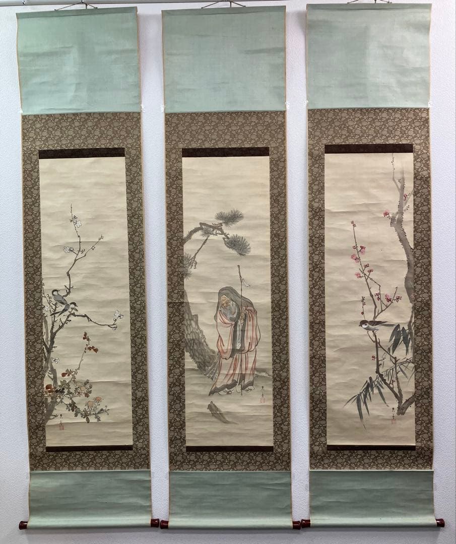 松村呉春　3幅（白梅・寿老人・赤梅）　絹本　掛軸