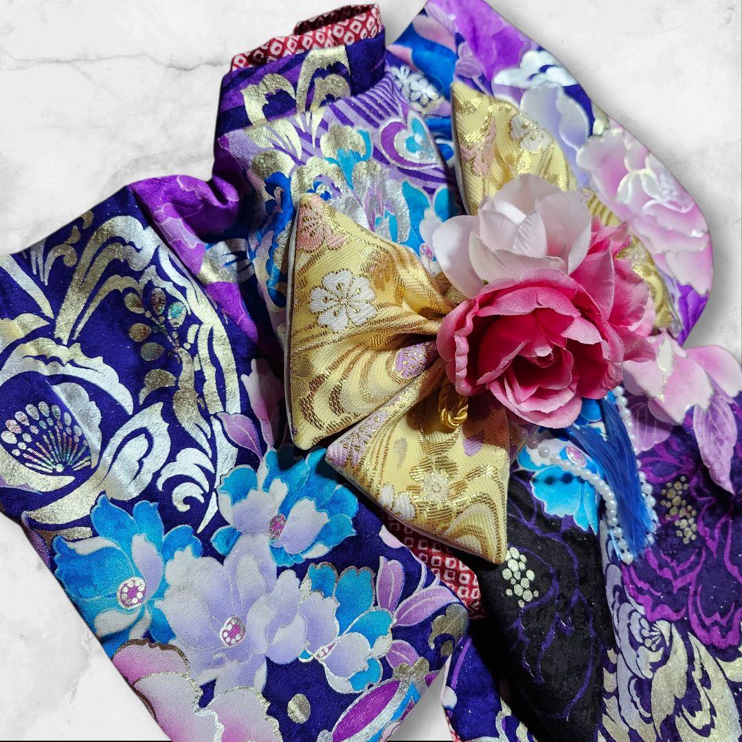 犬服　振り袖　引きずり　パープル&ブルー　ハンドメイド