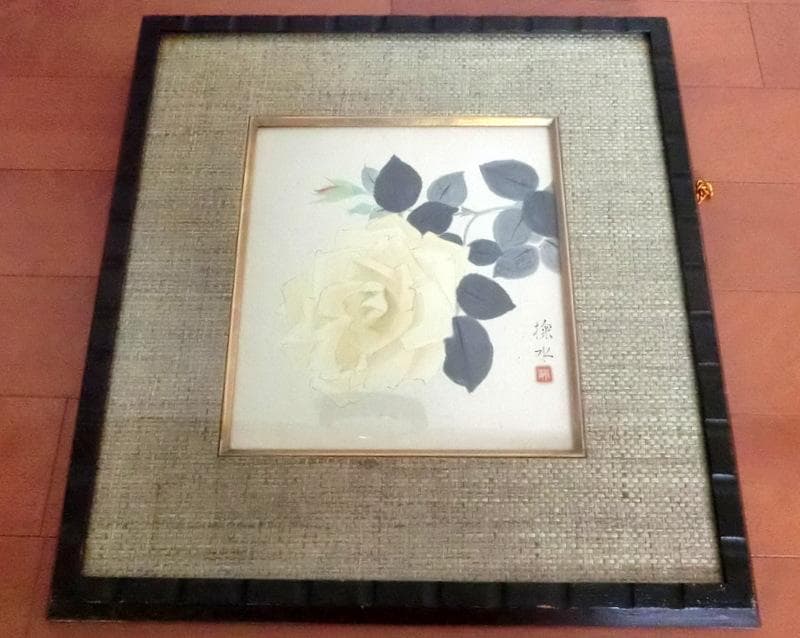 蔵出し品★真作　門井掬水　色紙　日本画　バラ　木製額縁