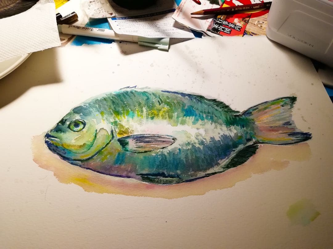 ハマチ, はまち子、水彩, 描かれた, 魚