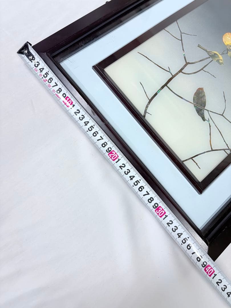 螺鈿細工 日本画 鳥 果物 柿 額装 絵画 アート アンティーク