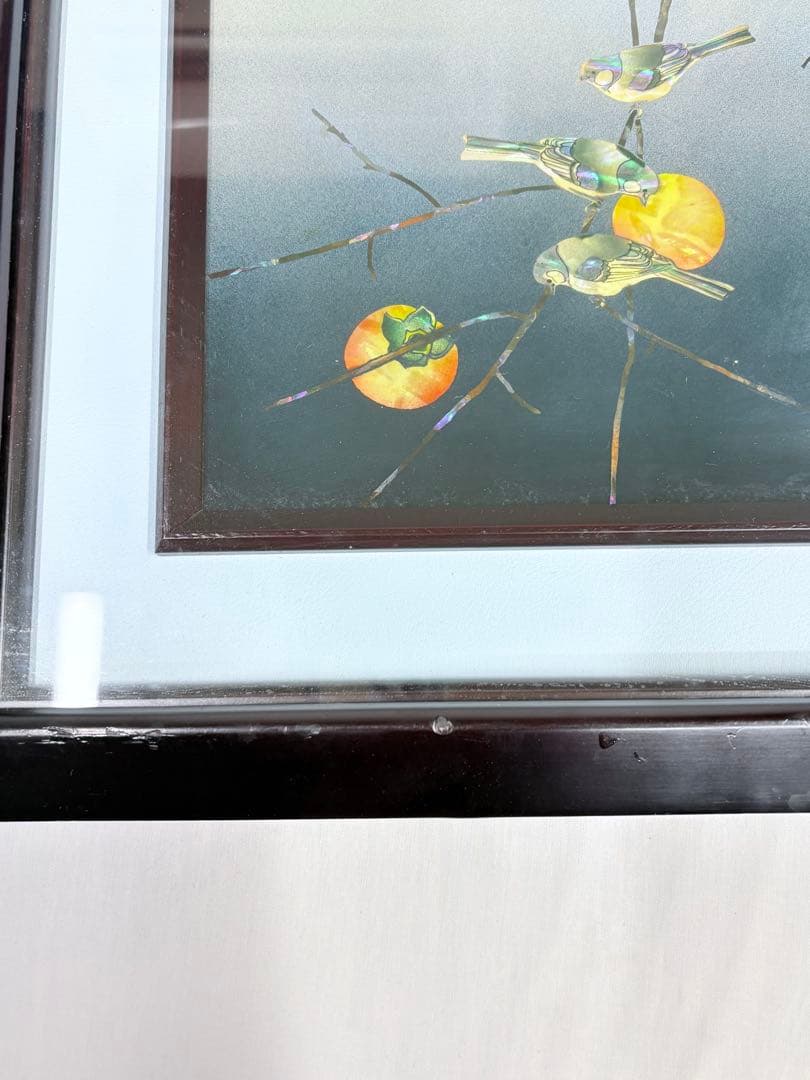 螺鈿細工 日本画 鳥 果物 柿 額装 絵画 アート アンティーク