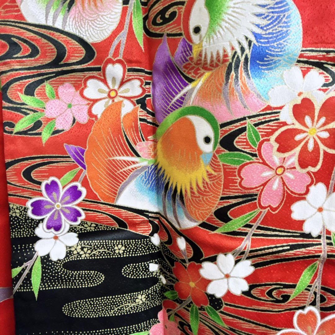 セット七五三 ７歳女の子 長着＆袖なし長襦袢＆帯＆小物　赤×黒　オシドリ　伊達衿