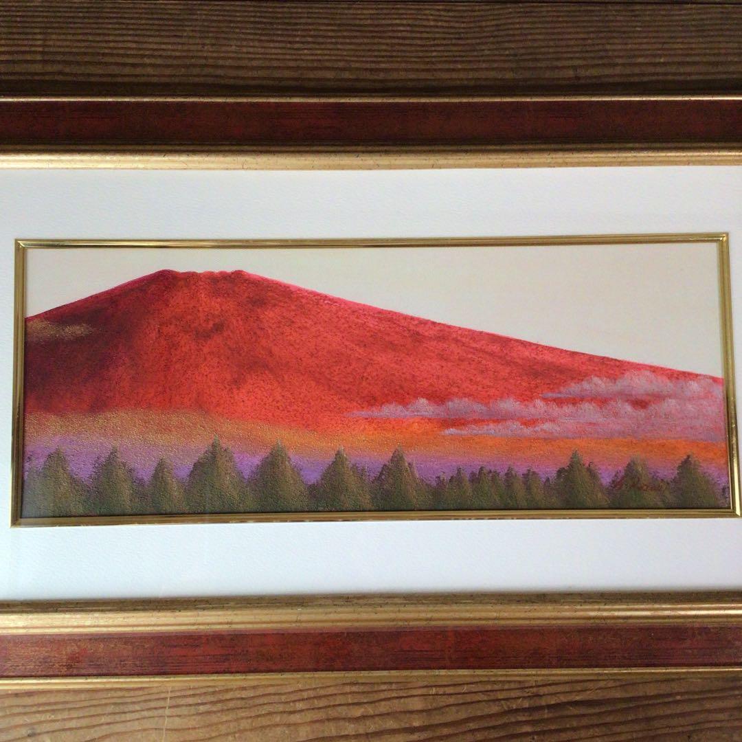 No5177 額装　油絵　流月真一　「赤富士」　Mt.FUJI 油彩画　送料無料