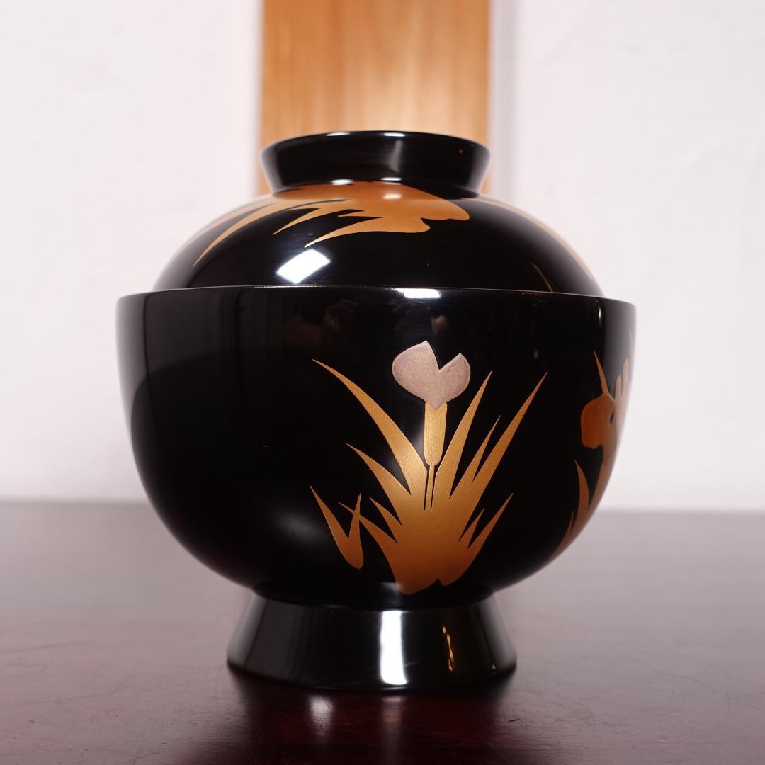 輪島塗 黒塗 あやめ蒔絵 吸物椀 5客 共箱 天然木製漆器