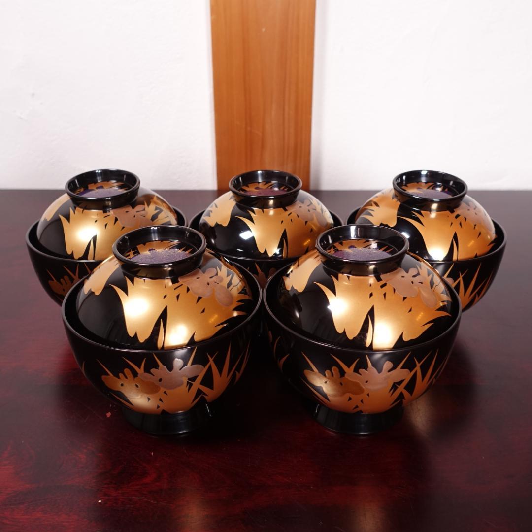 輪島塗 黒塗 あやめ蒔絵 吸物椀 5客 共箱 天然木製漆器