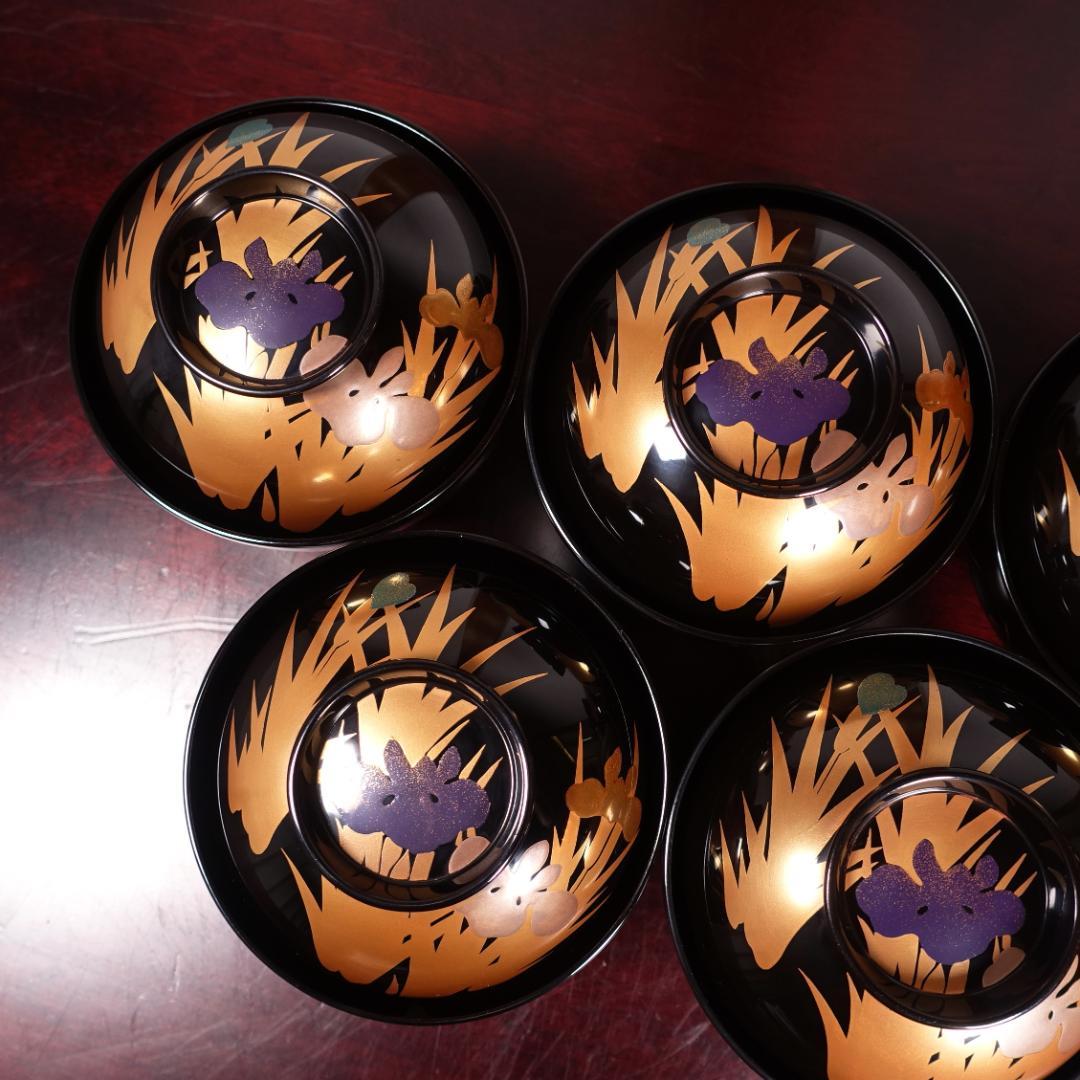 輪島塗 黒塗 あやめ蒔絵 吸物椀 5客 共箱 天然木製漆器