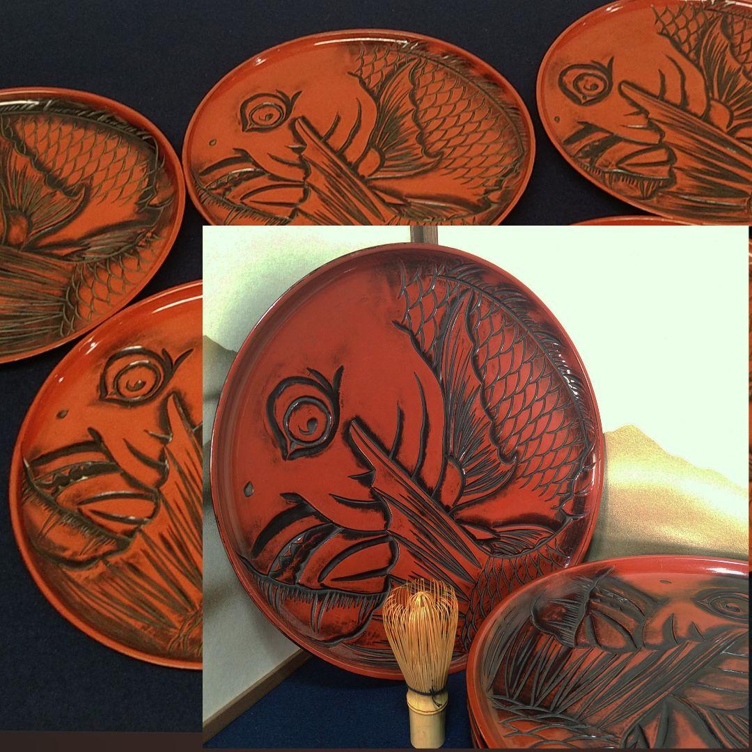 AC81 鯛図 丸盆 一尺五枚 木彫 朱漆盆 煎茶盆 時代 当日物