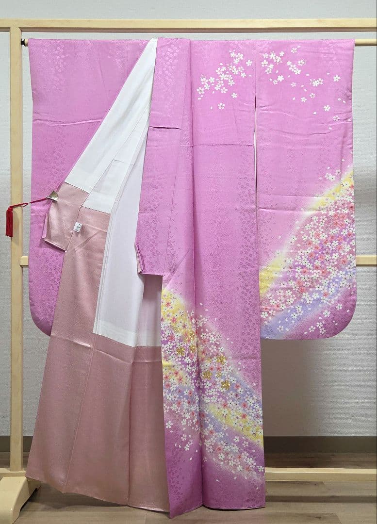 F5 京都きもの友禅 桜 金彩 金駒刺繍 正絹 成人式 振袖・襦袢・袋帯セット