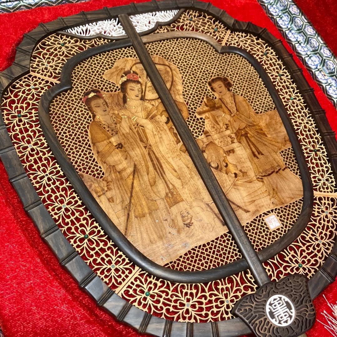 中国美術 唐木造 白檀透彫刻 翡翠 軍配型硯屏 団扇　唐物？