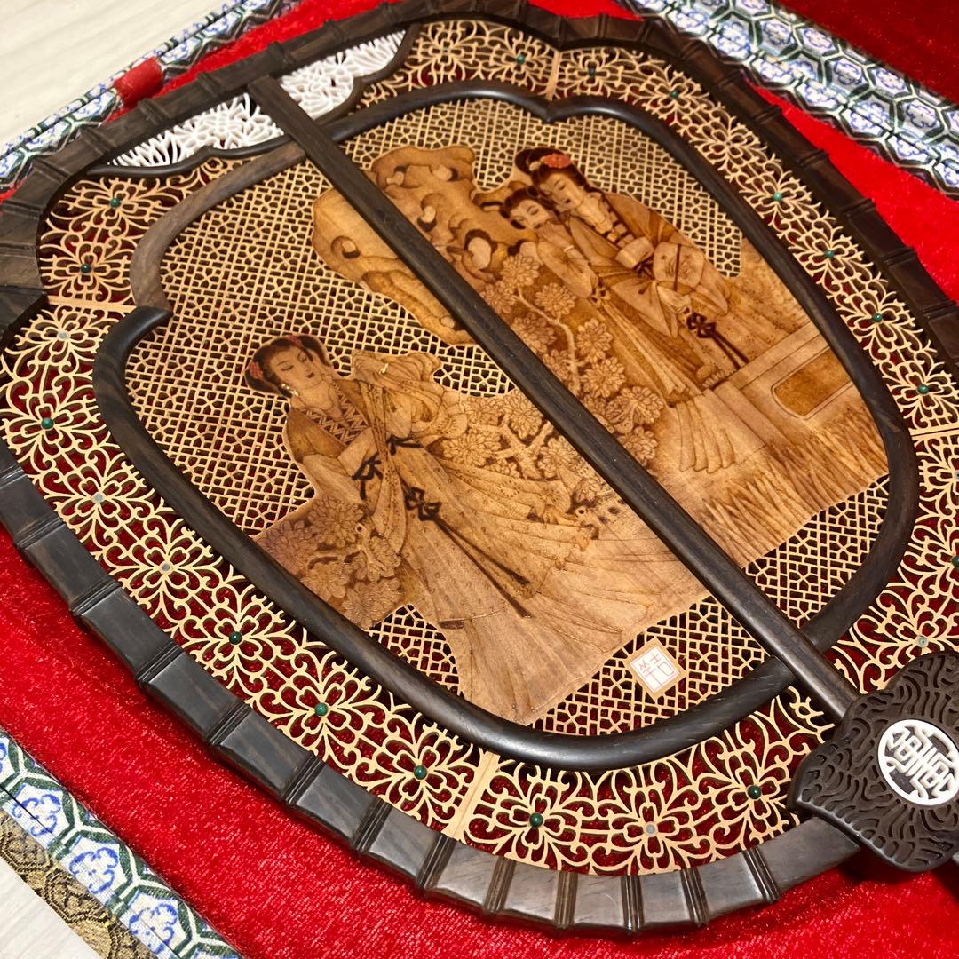 中国美術 唐木造 白檀透彫刻 翡翠 軍配型硯屏 団扇　唐物？