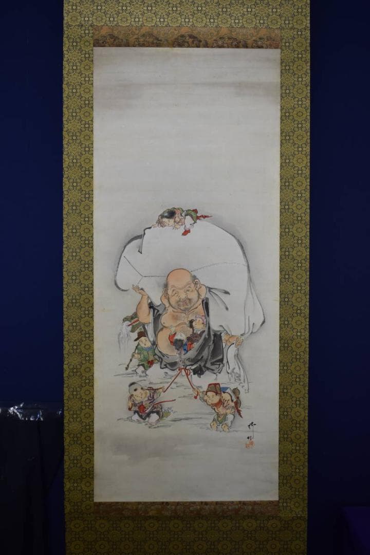 真作/五代目/歌川国政/竹内柳蛙/唐子布袋図/布袋屋掛軸HE-929
