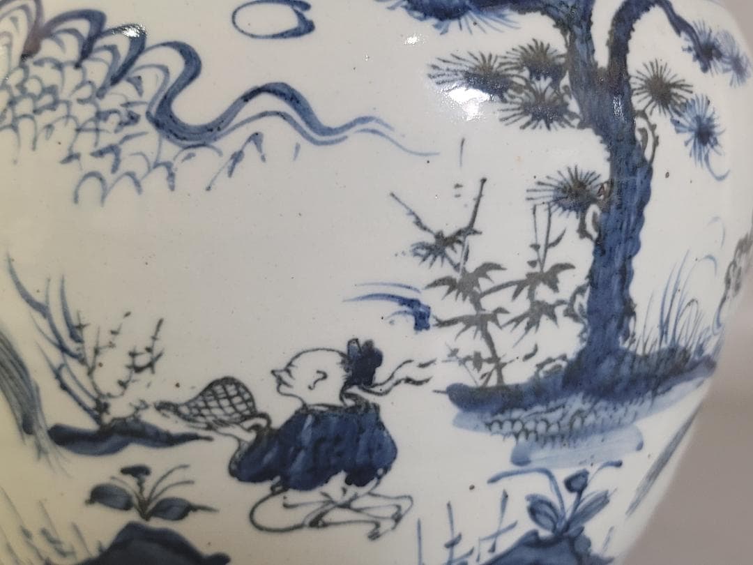 中国 染付 武人紋 蓋壷 茶入 DT166