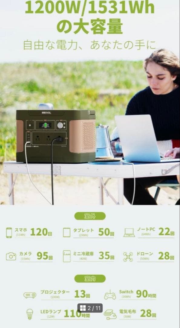 新品・E1500 ポータブル電源 1200W 1531Wh