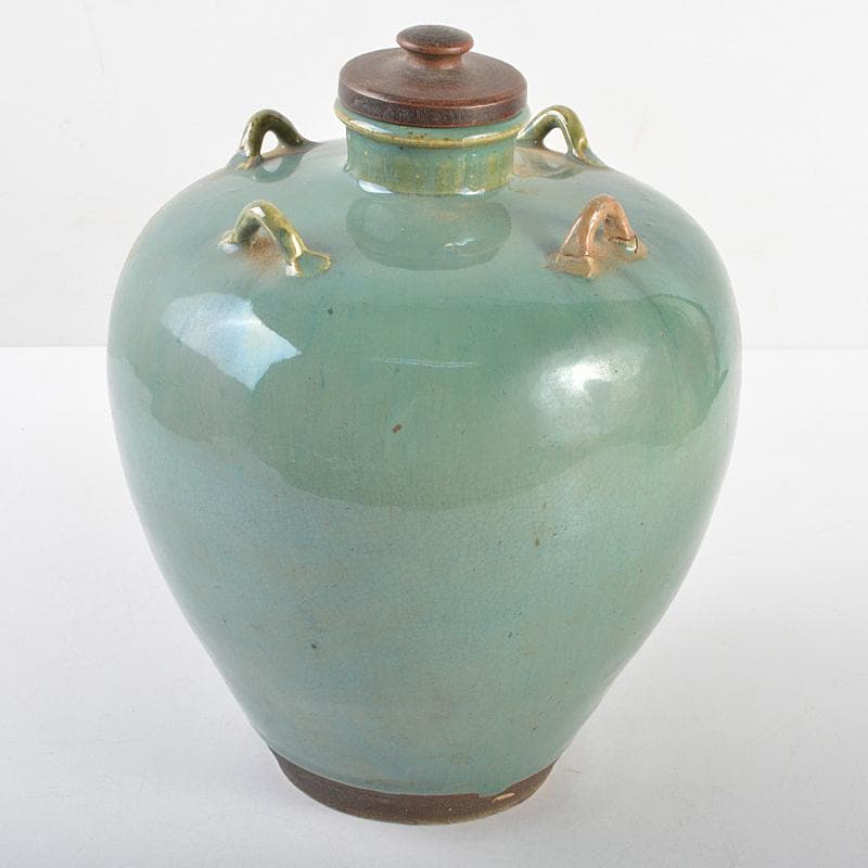 富山県古陶磁器　小杉焼　青磁　四耳壷　唐木蓋付　C　R5629