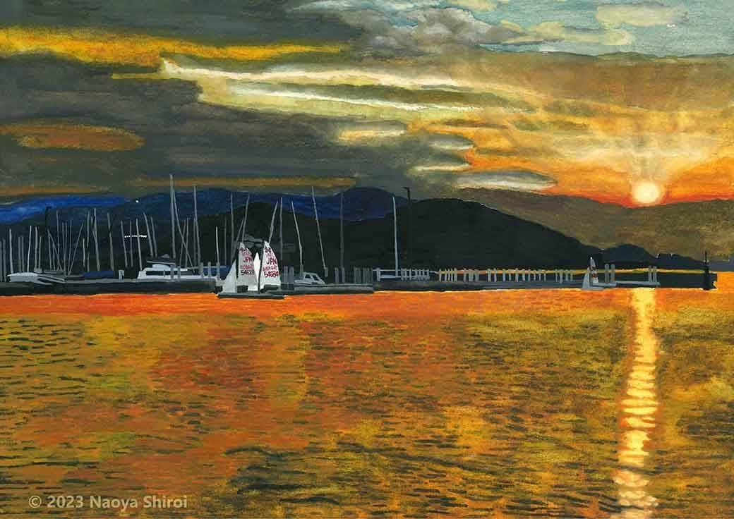 水彩画　ジクレー版画「夕焼けのヨットハーバー」（小戸公園／福岡市）