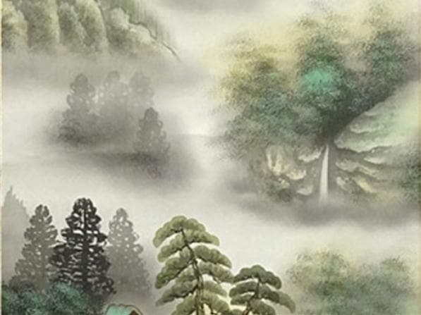 掛軸 小林雄山『彩色山水図』日本画 絹本 肉筆 共箱付 掛け軸 a033112