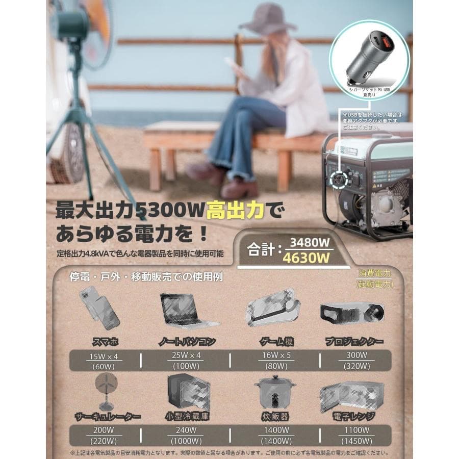 発電機 4.8kVA ガソリン 正弦波 低騒音マーク取得 13L燃料タンクで長時