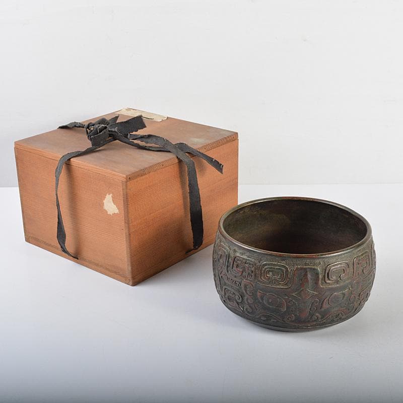 中国　古銅宣徳銅　斑紫銅饕餮文　建水　茶こぼし　時代箱　D　R4620