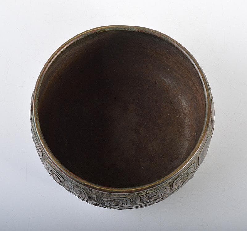 中国　古銅宣徳銅　斑紫銅饕餮文　建水　茶こぼし　時代箱　D　R4620