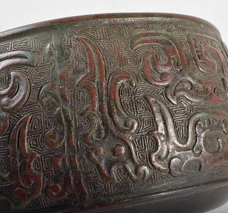 中国　古銅宣徳銅　斑紫銅饕餮文　建水　茶こぼし　時代箱　D　R4620