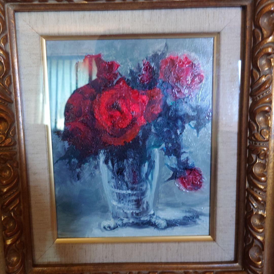 井ケ田昭一　油彩 額縁 花瓶のバラ
