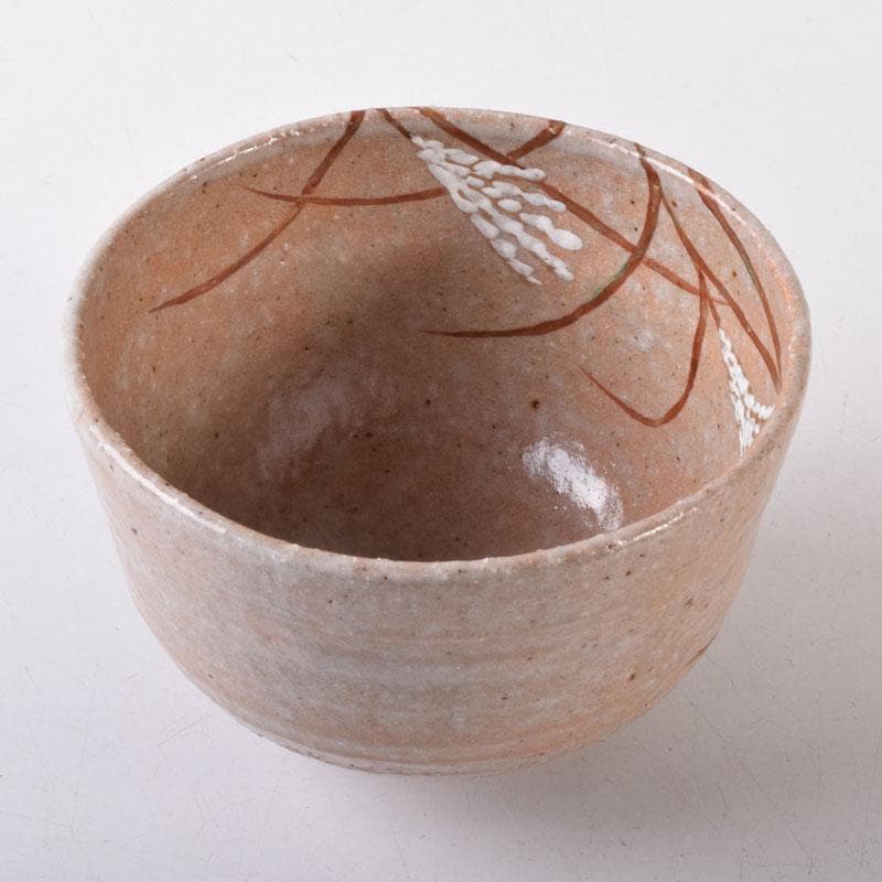 茶道具　京焼　中村良二作　灰釉　芒図　茶碗　共布共箱　C　7446