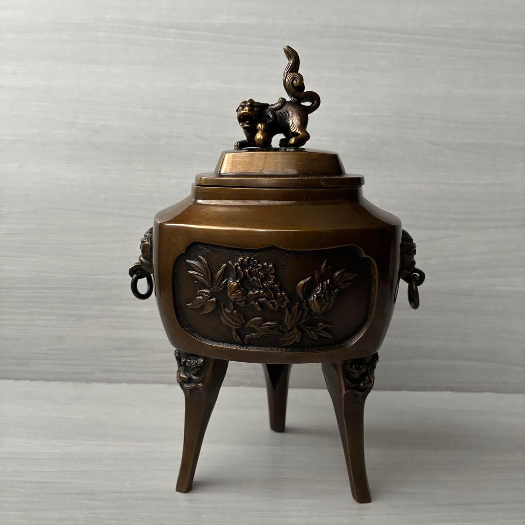 香炉　青銅製　獅子　孔雀　三足　高岡銅器　瑞峰作　茶道具　香道具　お香付き