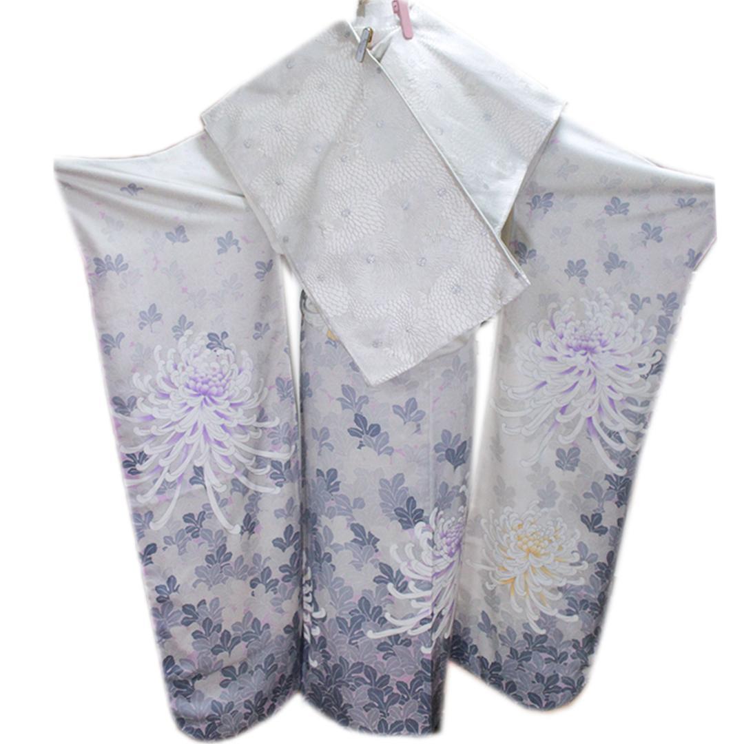 人気くすみ系■大輪の菊花・振袖6点セット丈175cm正絹トールサイズTK20