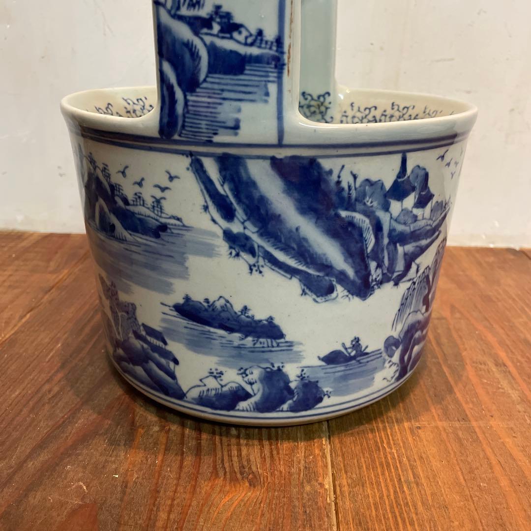 美品　陶器　時代物　染付　山水画　文手桶　花入　当時物　古道具