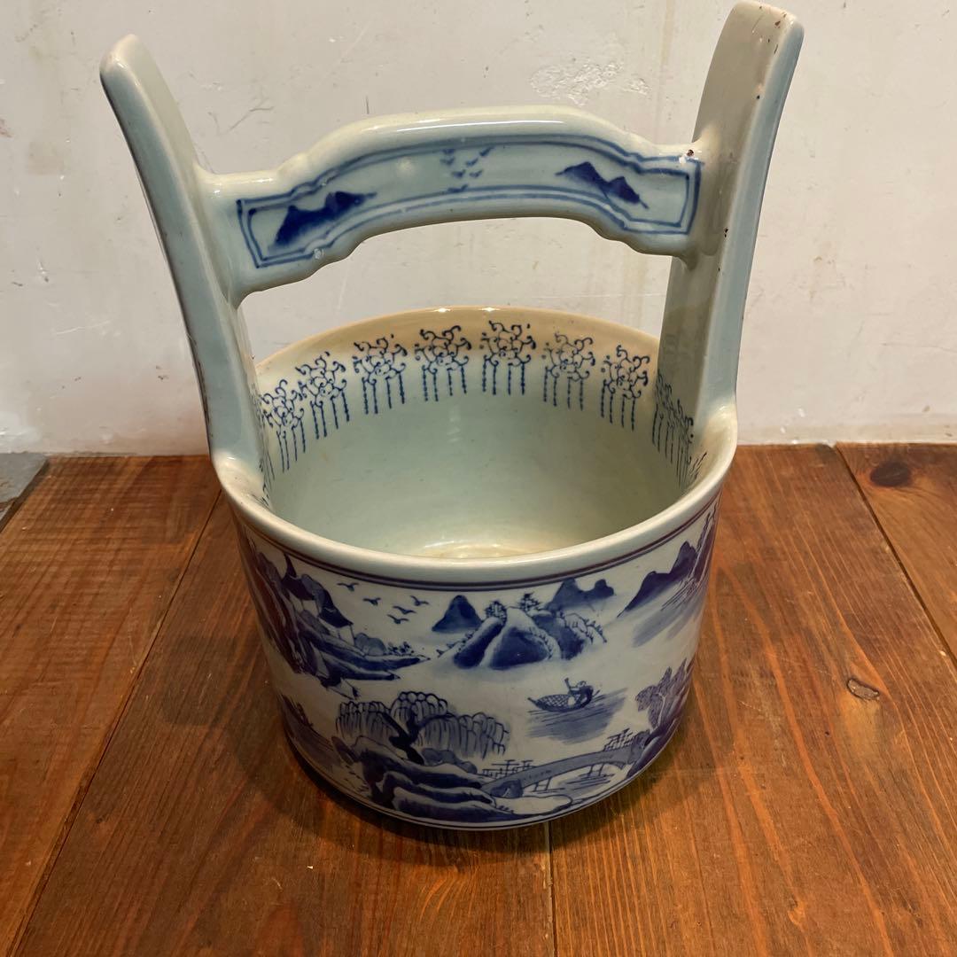 美品　陶器　時代物　染付　山水画　文手桶　花入　当時物　古道具