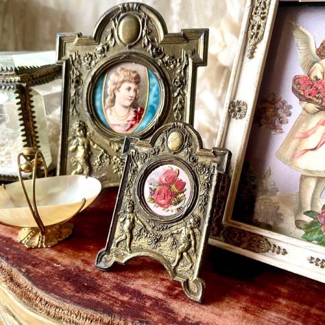 天使と花ガーランドのフレーム大小2個セット　フォト写真立て　フランスアンティーク